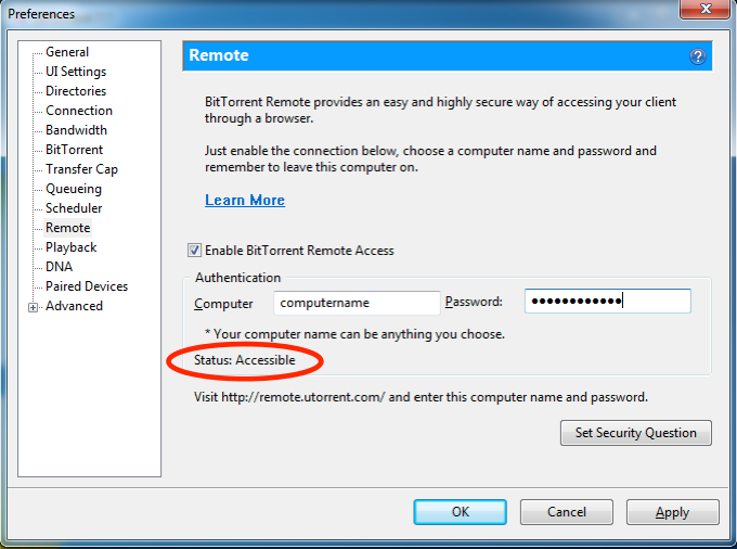 BitTorrent Username and Password for Remote Access in the BitTorrent settings